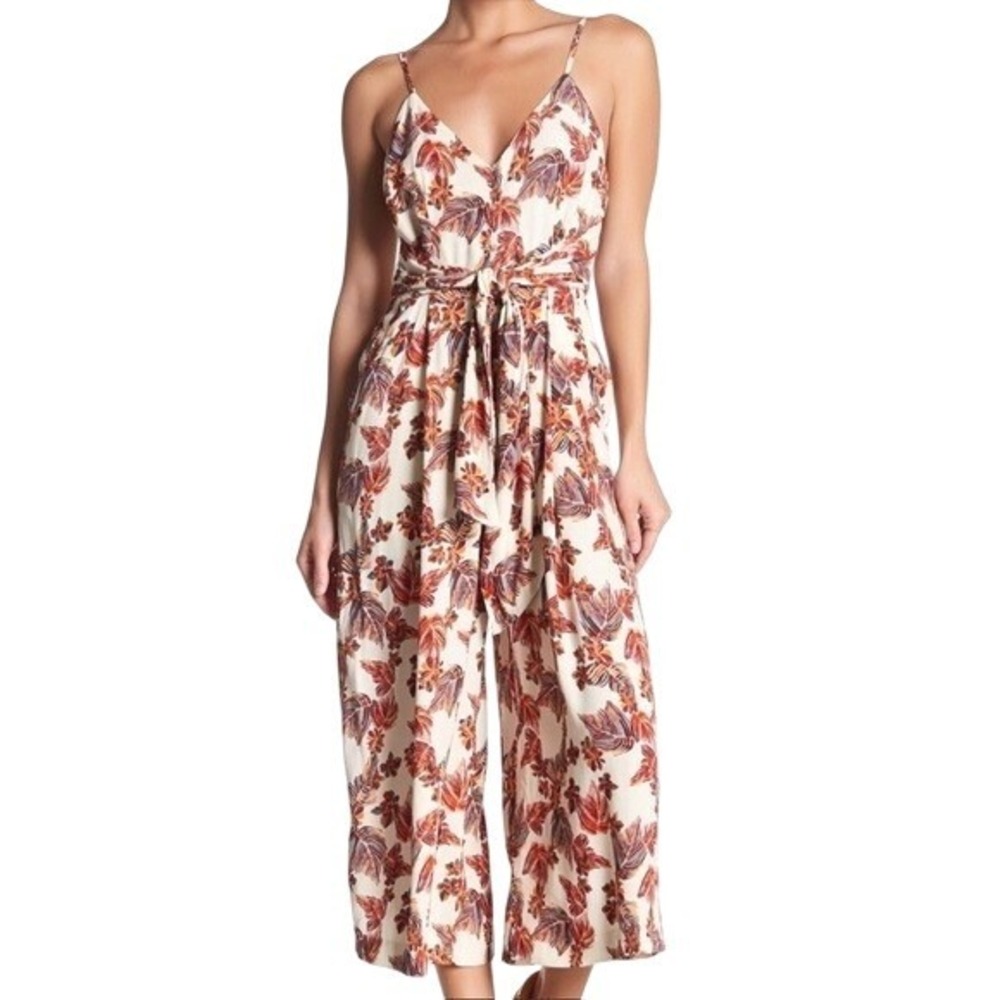 Free People Wide Leg Jumpsuit Size XS Boho Floral Front Tie Cropped Belted - Picture 2 of 15